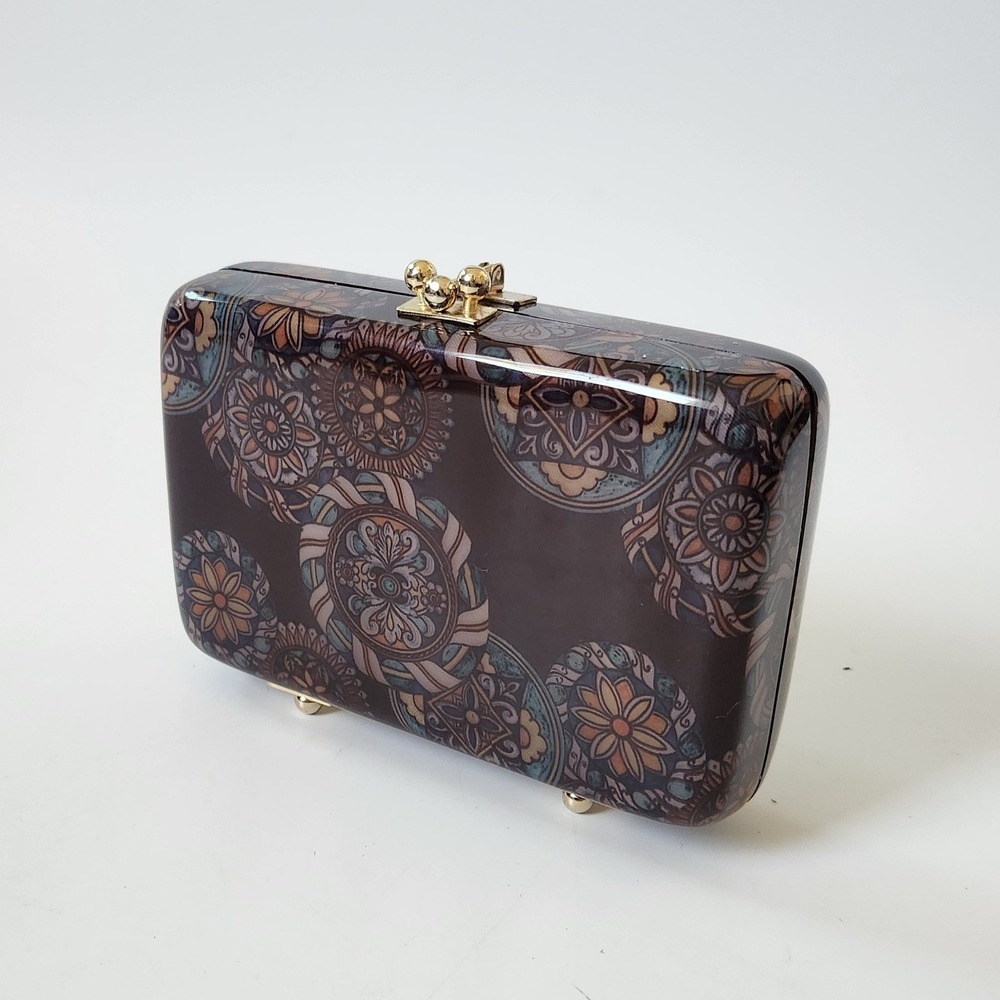 Hard Shell Box Clutch Purse Multicolor Mandala Print Gold Tone Kiss Lock